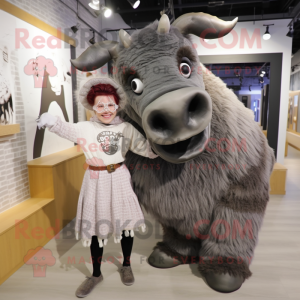 Gray Woolly Rhinoceros mascot costume character dressed with a Shift Dress and Hairpins