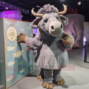 Gray Woolly Rhinoceros mascot costume character dressed with a Shift Dress and Hairpins