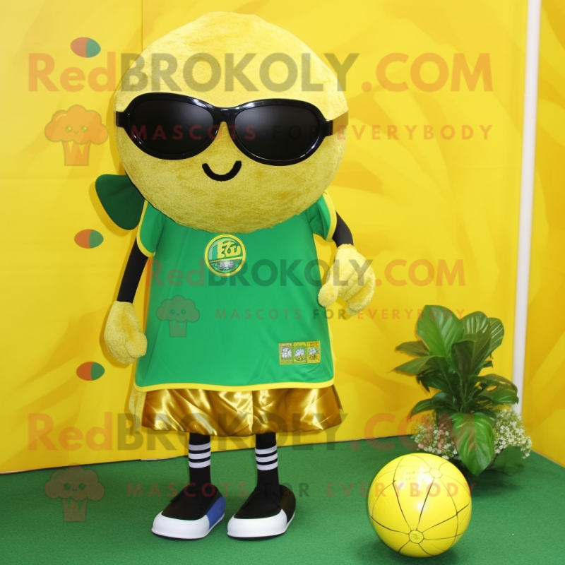 Gold Broccoli mascot costume character dressed with a Swimwear and Eyeglasses Gold Broccoli mascot costume character dressed with a Swimwear and Eyeglasses