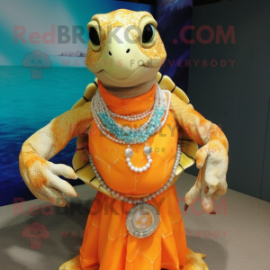 Orange Sea Turtle mascot costume character dressed with a Blouse and Necklaces