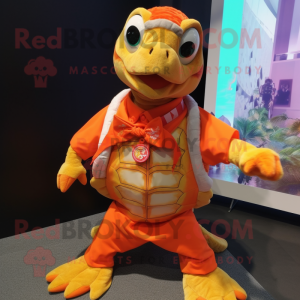 Orange Sea Turtle mascot costume character dressed with a Blouse and Necklaces
