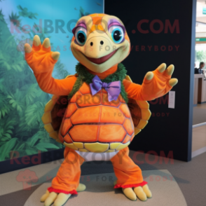 Orange Sea Turtle mascot costume character dressed with a Blouse and Necklaces