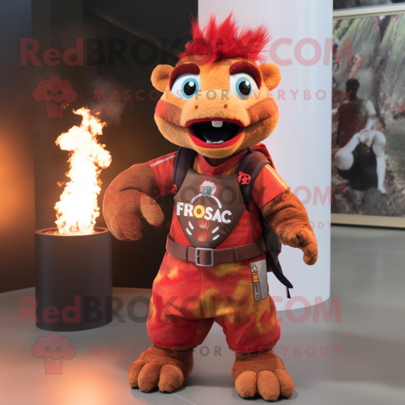Rust Fire Eater mascot costume character dressed with a Vest and Handbags Rust Fire Eater mascot costume character dressed with a Vest and Handbags