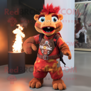 Rust Fire Eater mascot costume character dressed with a Vest and Handbags