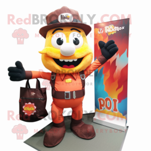 Rust Fire Eater mascot costume character dressed with a Vest and Handbags