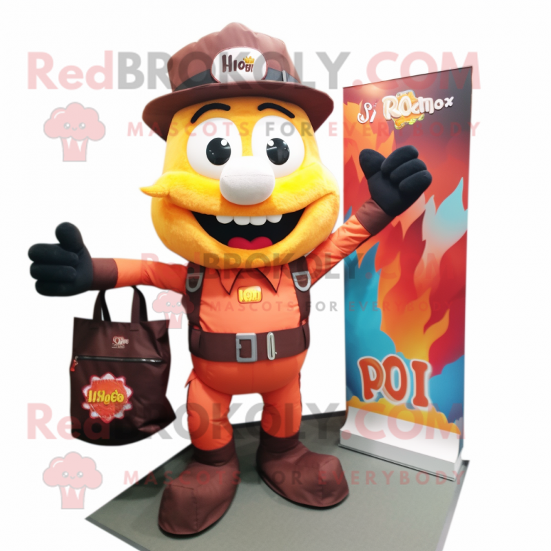 Rust Fire Eater mascot costume character dressed with a Vest and Handbags Rust Fire Eater mascot costume character dressed with a Vest and Handbags