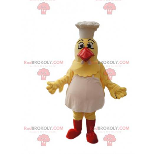 Żółta maskotka kurczaka z kapeluszem szefa kuchni i fartuchem.