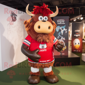 Red Yak mascot costume character dressed with a Rugby Shirt and Eyeglasses