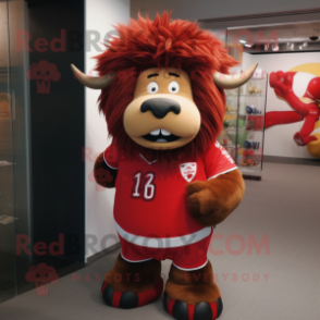 Red Yak mascot costume character dressed with a Rugby Shirt and Eyeglasses