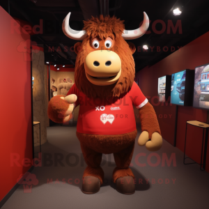 Red Yak mascot costume character dressed with a Rugby Shirt and Eyeglasses