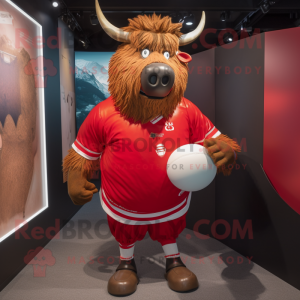 Red Yak mascot costume character dressed with a Rugby Shirt and Eyeglasses