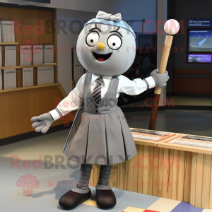 Gray Juggle mascot costume character dressed with a Pencil Skirt and Ties
