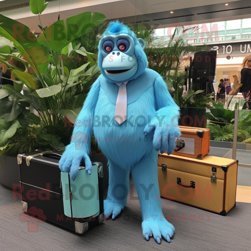 Sky Blue Orangutan mascot costume character dressed with a Tank Top and Briefcases Sky Blue Orangutan mascot costume character dressed with a Tank Top and Briefcases