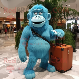Sky Blue Orangutan mascot costume character dressed with a Tank Top and Briefcases