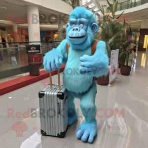 Sky Blue Orangutan mascot costume character dressed with a Tank Top and Briefcases