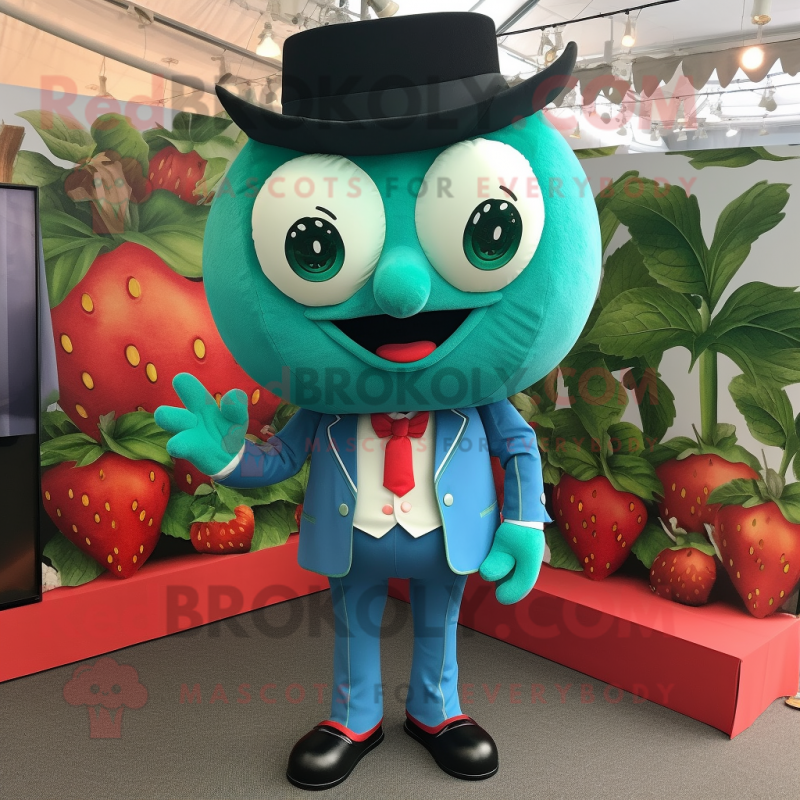 Turquoise Strawberry mascot costume character dressed with a Tuxedo and Anklets Turquoise Strawberry mascot costume character dressed with a Tuxedo and Anklets