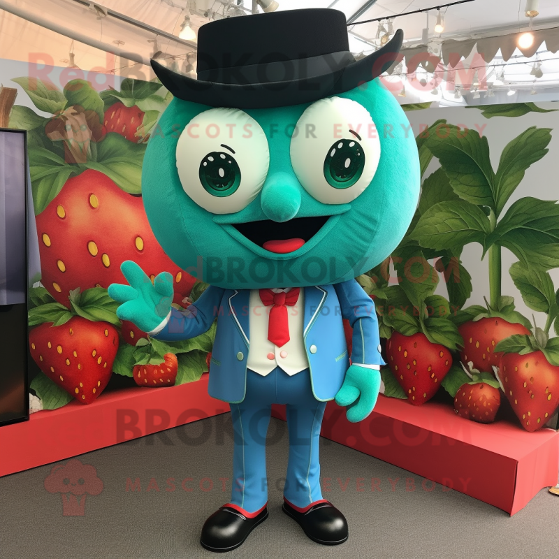 Turquoise Strawberry mascot costume character dressed with a Tuxedo and Anklets