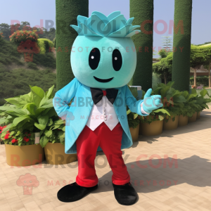 Turquoise Strawberry mascot costume character dressed with a Tuxedo and Anklets