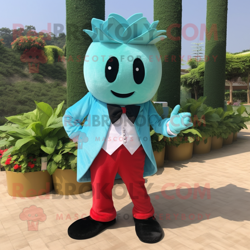 Turquoise Strawberry mascot costume character dressed with a Tuxedo and Anklets Turquoise Strawberry mascot costume character dressed with a Tuxedo and Anklets