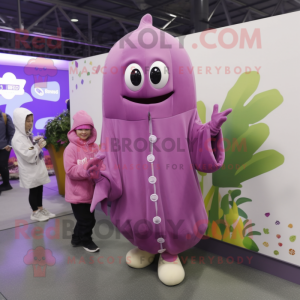 Pink Eggplant mascot costume character dressed with a Parka and Hairpins