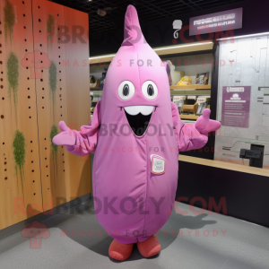 Pink Eggplant mascot costume character dressed with a Parka and Hairpins