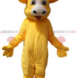 Super cheerful yellow cow mascot. Yellow cow costume -