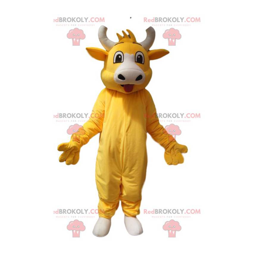 Mascota de vaca amarilla super alegre. Disfraz de vaca amarilla
