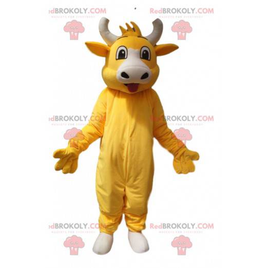 Mascote da vaca amarela super alegre. Fantasia de vaca amarela