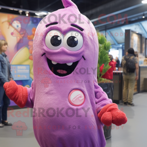 Pink Eggplant mascot costume character dressed with a Parka and Hairpins