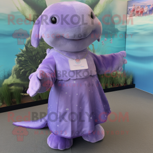 Lavender Stellar'S Sea Cow mascot costume character dressed with a Blouse and Bracelets