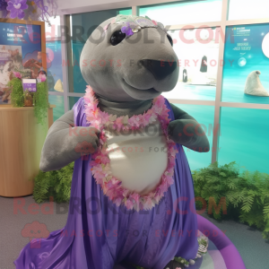 Lavender Stellar'S Sea Cow mascot costume character dressed with a Blouse and Bracelets