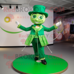 Green Tightrope Walker mascot costume character dressed with a Circle Skirt and Bow ties