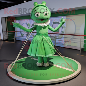 Green Tightrope Walker mascot costume character dressed with a Circle Skirt and Bow ties