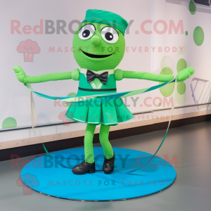 Green Tightrope Walker mascot costume character dressed with a Circle Skirt and Bow ties