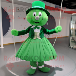 Green Tightrope Walker mascot costume character dressed with a Circle Skirt and Bow ties