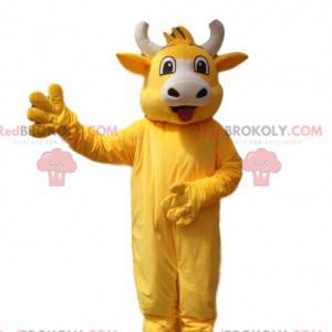 Super cheerful yellow cow mascot. Yellow cow costume -