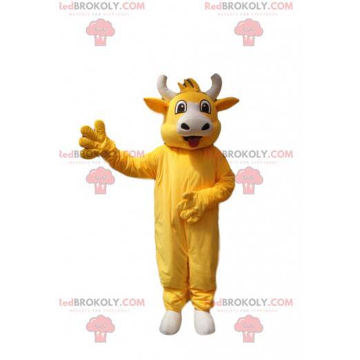 Mascota de vaca amarilla super alegre. Disfraz de vaca amarilla