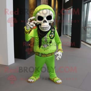 Lime Green Skull mascot costume character dressed with a Dress Pants and Headbands
