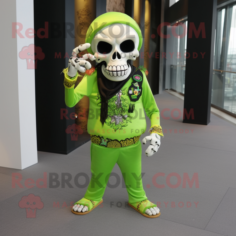 Lime Green Skull mascot costume character dressed with a Dress Pants and Headbands Lime Green Skull mascot costume character dressed with a Dress Pants and Headbands
