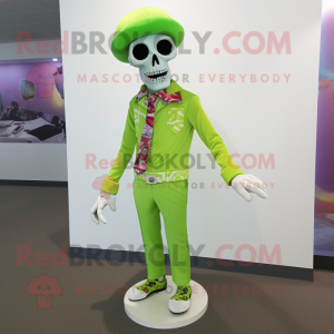 Lime Green Skull mascot costume character dressed with a Dress Pants and Headbands