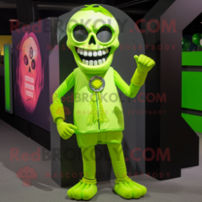 Lime Green Skull mascot costume character dressed with a Dress Pants and Headbands