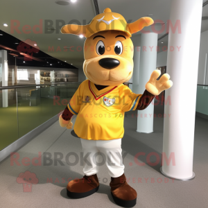 Gold Jersey Cow mascot costume character dressed with a V-Neck Tee and Berets