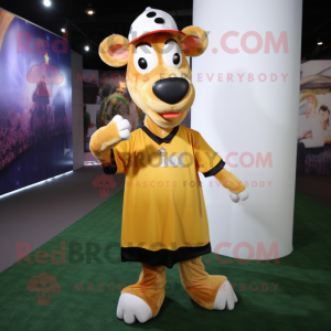 Gold Jersey Cow mascot costume character dressed with a V-Neck Tee and Berets