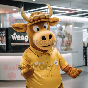 Gold Jersey Cow mascot costume character dressed with a V-Neck Tee and Berets