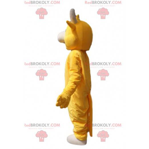 Super cheerful yellow cow mascot. Yellow cow costume -