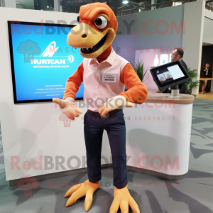 Peach Deinonychus mascot costume character dressed with a Oxford Shirt and Smartwatches