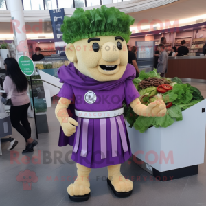 Purple Caesar Salad mascot costume character dressed with a A-Line Skirt and Messenger bags