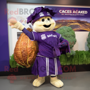 Purple Caesar Salad mascot costume character dressed with a A-Line Skirt and Messenger bags
