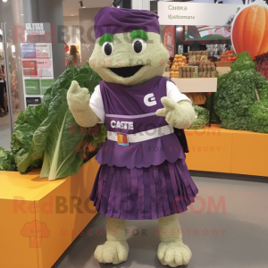 Purple Caesar Salad mascot costume character dressed with a A-Line Skirt and Messenger bags