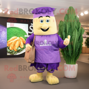 Purple Caesar Salad mascot costume character dressed with a A-Line Skirt and Messenger bags